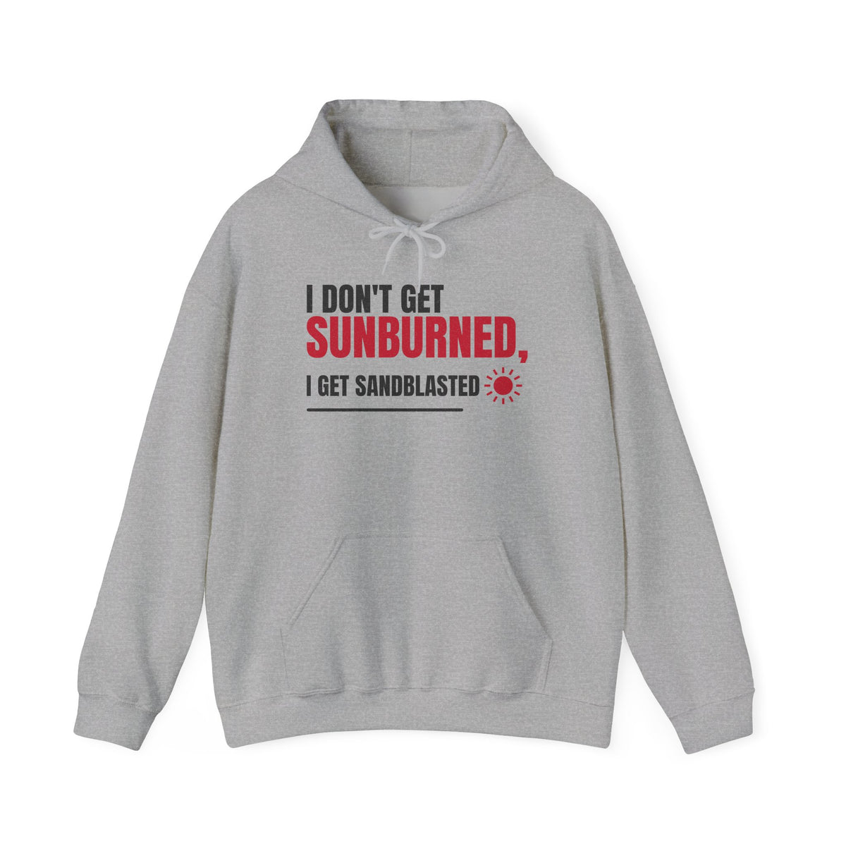 Sport grey pullover hoodie with kangaroo pocket and bold front “Sunburned” graphic