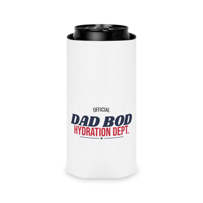 White can cooler with black top and 'Official Dad Bod Hydration Dept.' logo