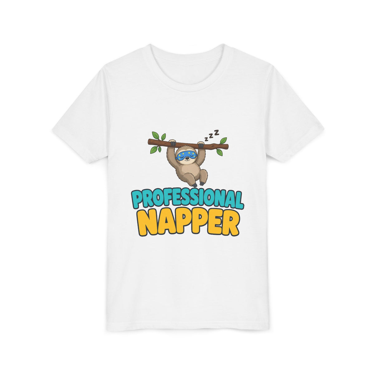 Kids white crew-neck tee with centered sloth "PROFESSIONAL NAPPER" front print