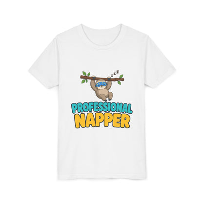 Kids white crew-neck tee with centered sloth "PROFESSIONAL NAPPER" front print