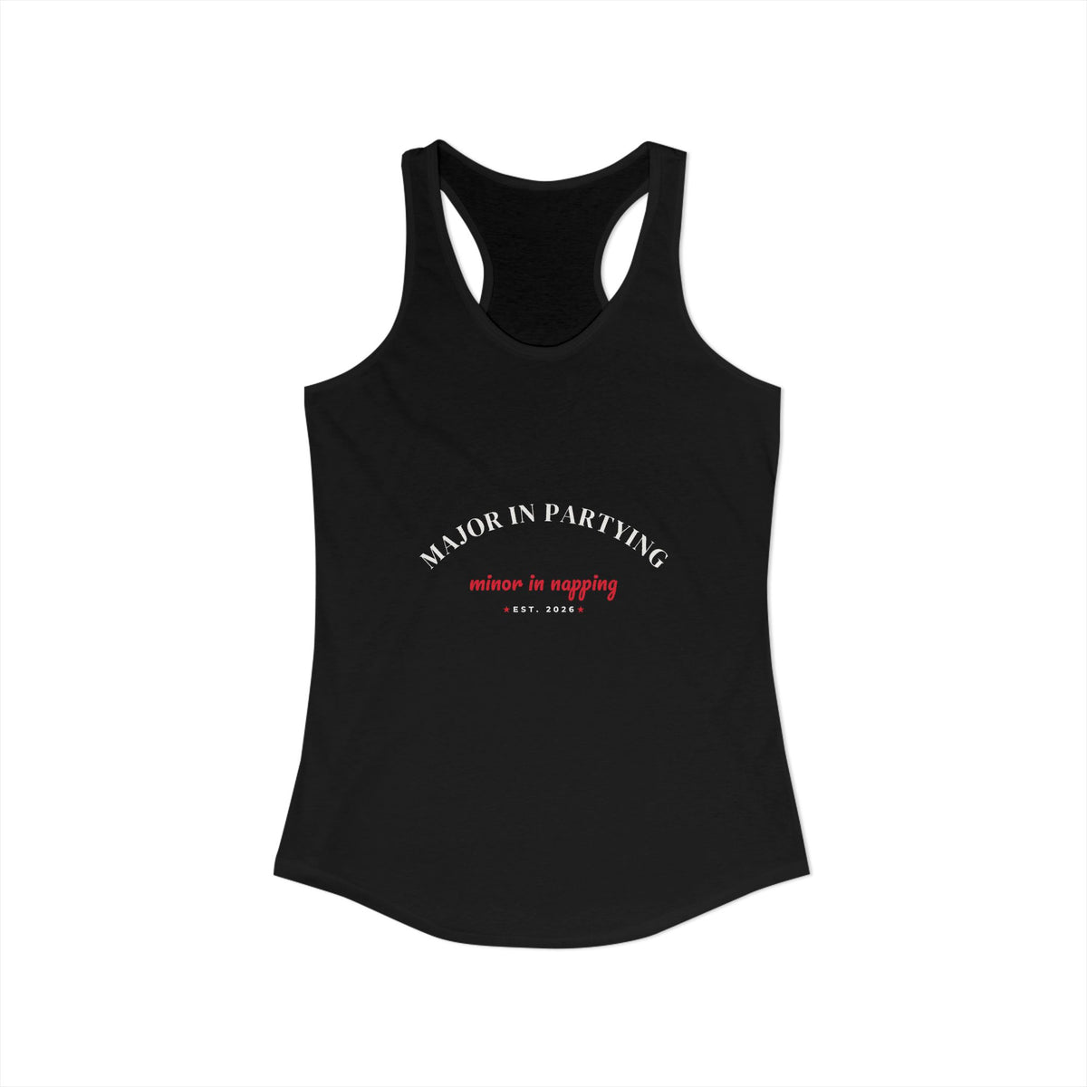 Black racerback tank with screenprint text on the front