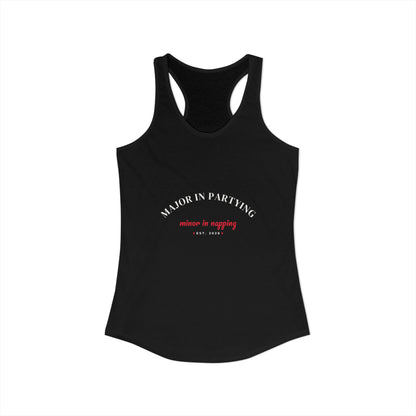 Black racerback tank with screenprint text on the front