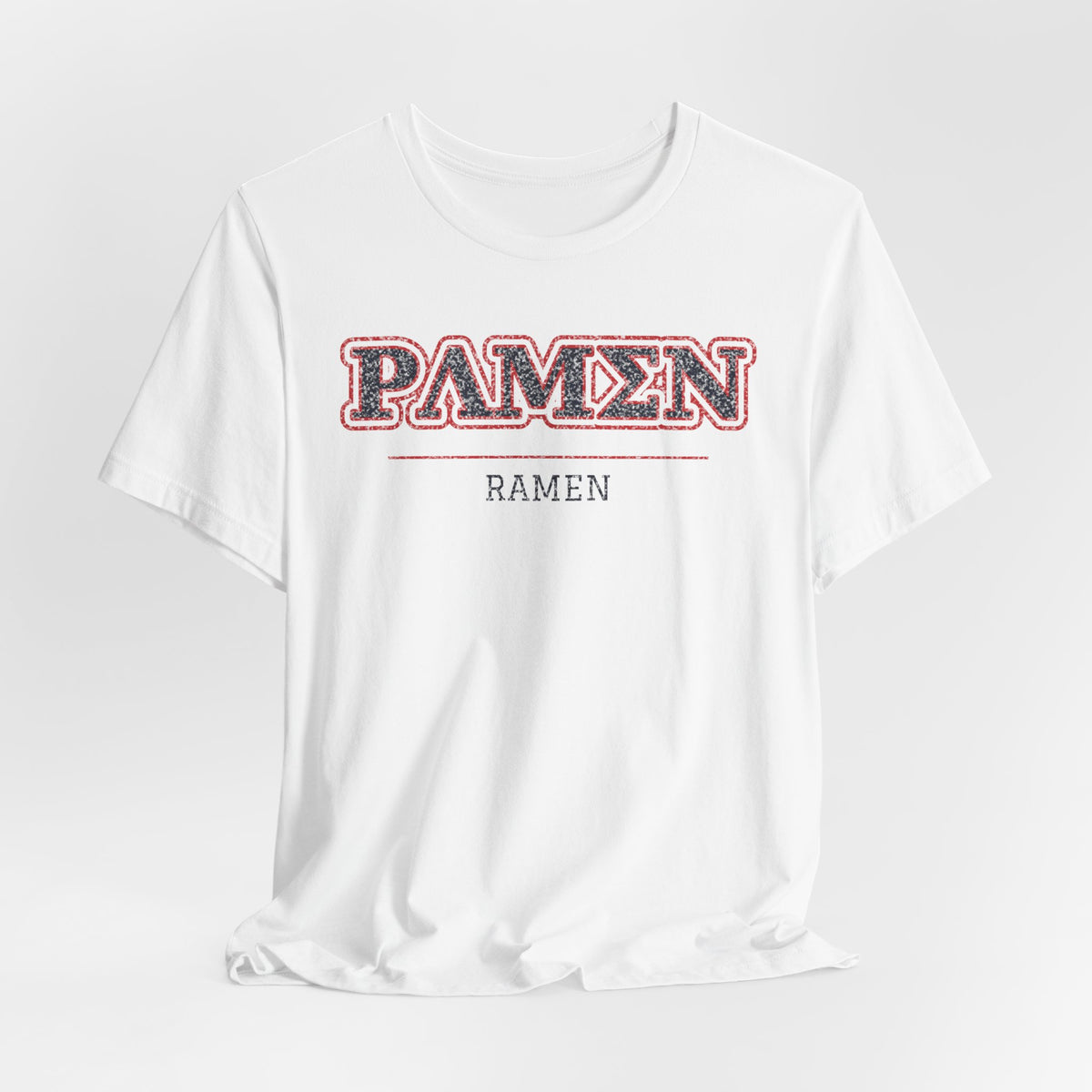 Ramen graphic T-shirt with faux Greek lettering