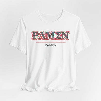 Ramen graphic T-shirt with faux Greek lettering