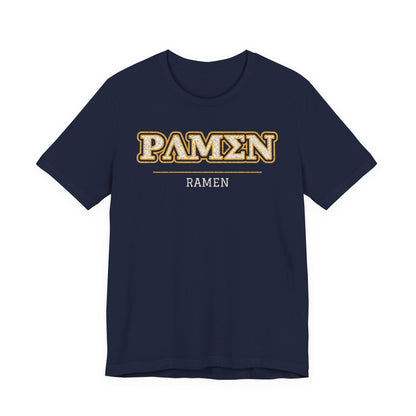 Navy crew-neck T-shirt with PAMEN ramen graphic on chest