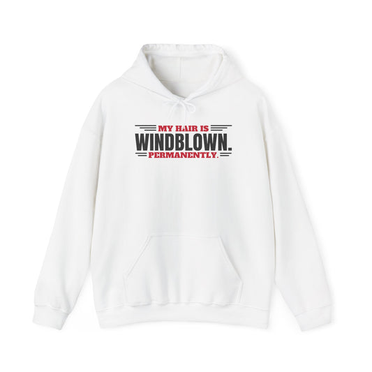 White hoodie with front pouch, drawstring hood, and Windblown graphic on chest.