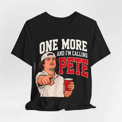 Black crewneck T-shirt with 'ONE MORE' 'PETE' graphic and pointing character.