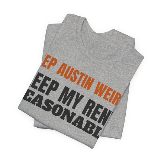 Heather gray crewneck graphic tee, folded view, orange and black slogan lettering