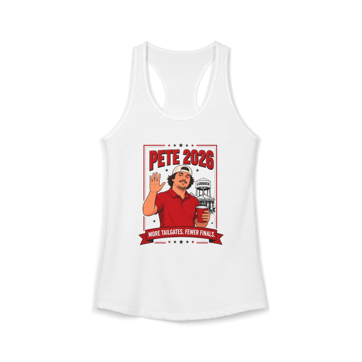 White racerback tank top with centered front "Pete 2026" graphic