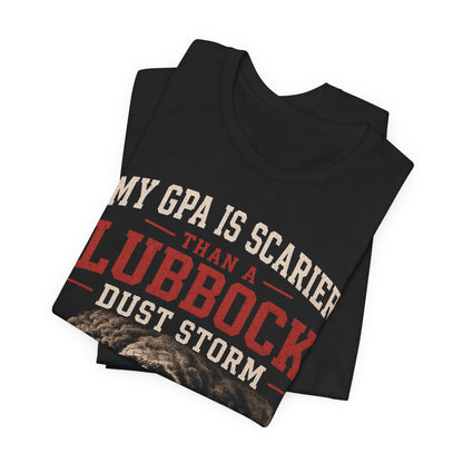 Black crewneck T-shirt, folded, with skull and Lubbock Dust Storm graphic