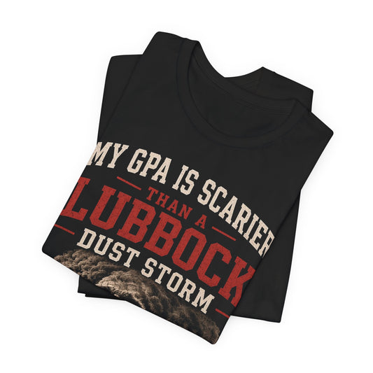 Black crewneck T-shirt, folded, with skull and Lubbock Dust Storm graphic