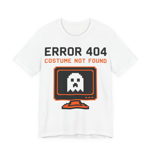 White graphic tee with 'ERROR 404' pixel art and 'COSTUME NOT FOUND' text