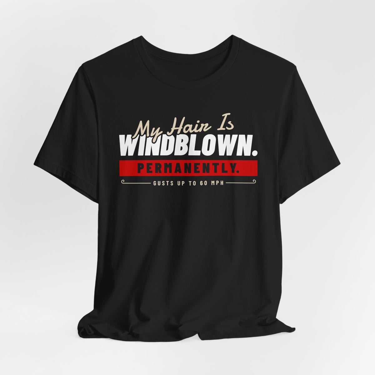 Black crew-neck T-shirt with centered front slogan graphic and red bar