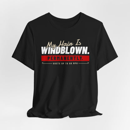 Black crew-neck T-shirt with centered front slogan graphic and red bar