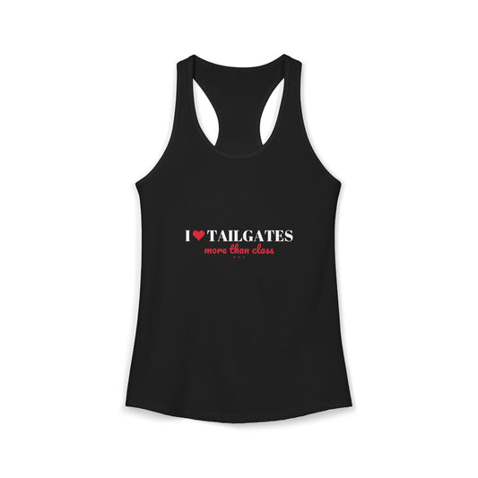 Black racerback tank with "I ♥ Tailgates" heart graphic