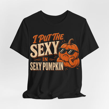 Black crewneck T-shirt with orange pumpkin, sunglasses, and sexy pumpkin text print