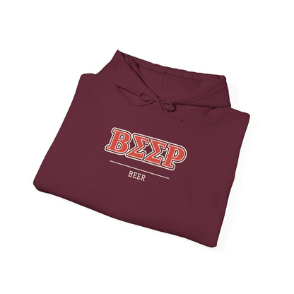 Maroon pullover hoodie with embroidered-style chest graphic and hood