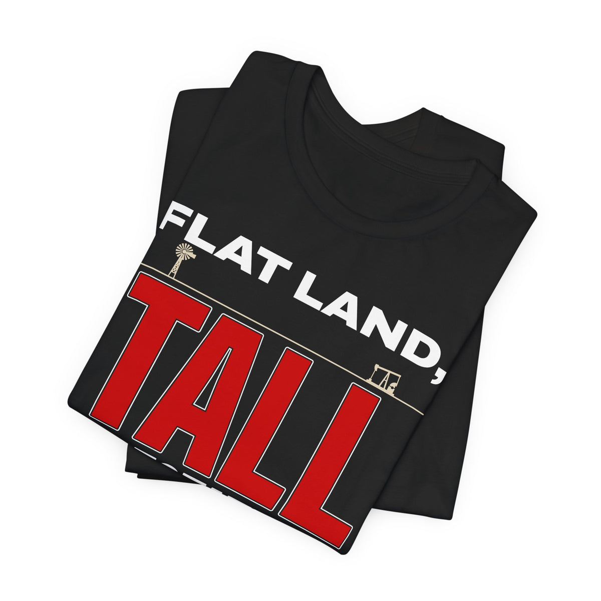 Black graphic T-shirt with large 'TALL' and 'FLAT LAND' front print