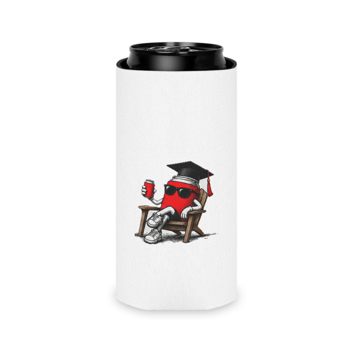 White can koozie with black rim and cartoon red mascot sitting, no text