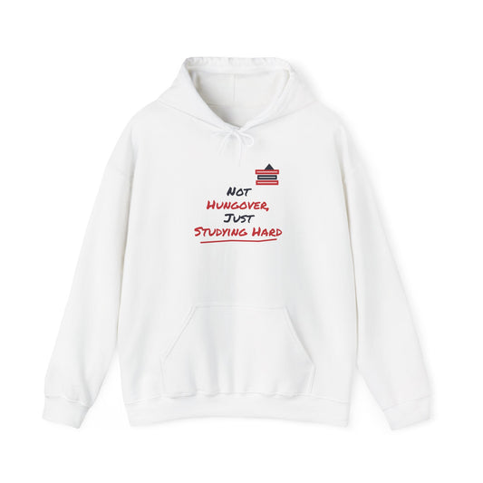White pullover hoodie with front pocket, drawstring hood, and study-themed graphic