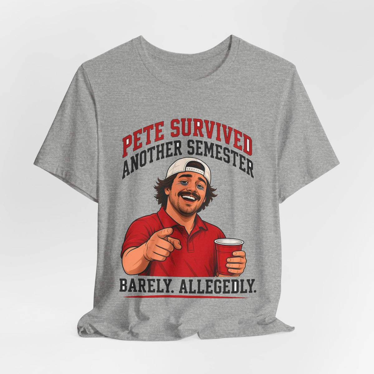 Heather gray crewneck graphic T-shirt with centered red character holding a drink, short sleeves.