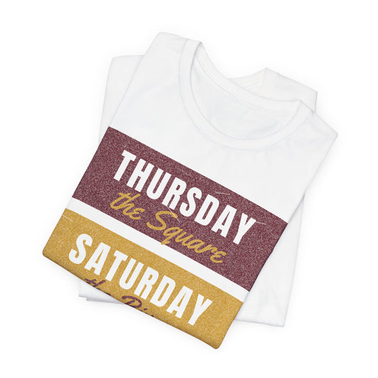 Folded white graphic tee with large Thursday and Saturday text panels