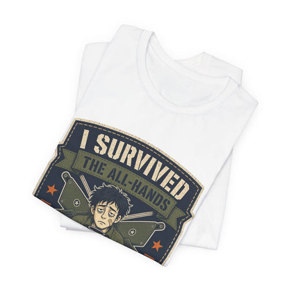 White crewneck T-shirt showing “I Survived” meeting shield graphic on folded stack