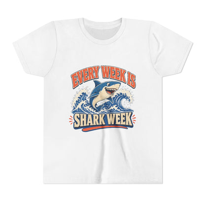 Kids graphic T-shirt, white, front with blue shark and “Shark Week” slogan