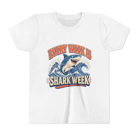 Kids graphic T-shirt, white, front with blue shark and “Shark Week” slogan