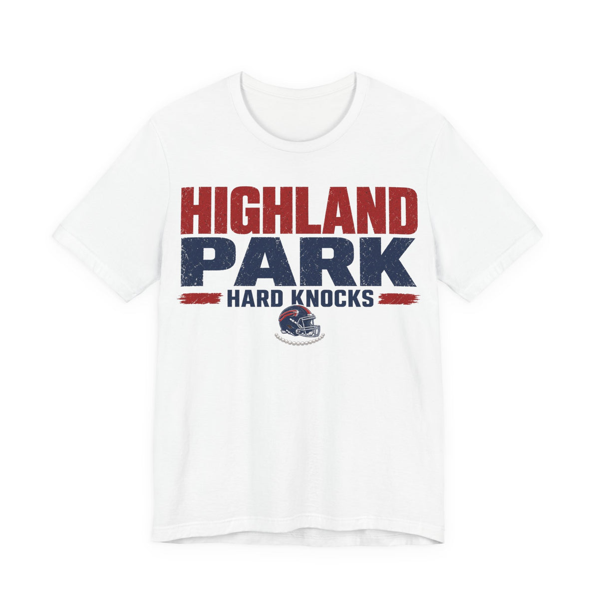 White crew-neck tee with Highland Park graphic and Hard Knocks lettering