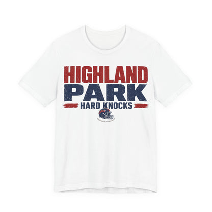 White crew-neck tee with Highland Park graphic and Hard Knocks lettering