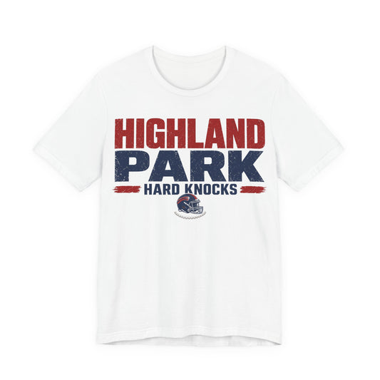 White crew-neck tee with Highland Park graphic and Hard Knocks lettering