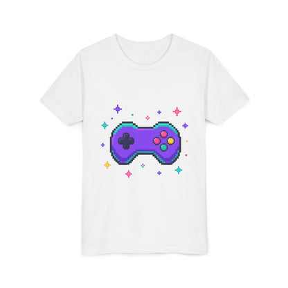 Kids graphic t-shirt in white with pixel game controller design in teal and pink