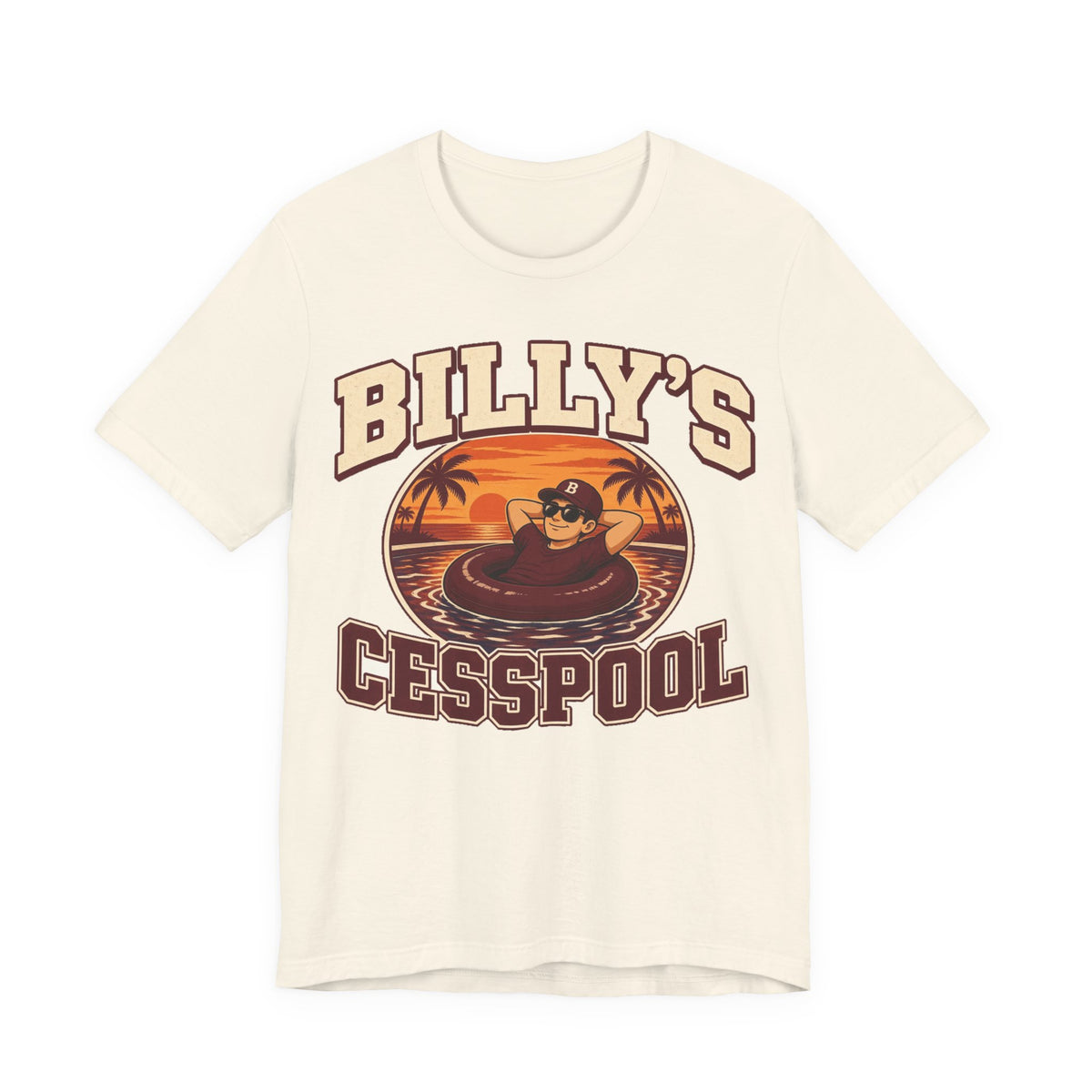 Natural crewneck graphic tee with 'BILLY'S CESSPOOL' front print