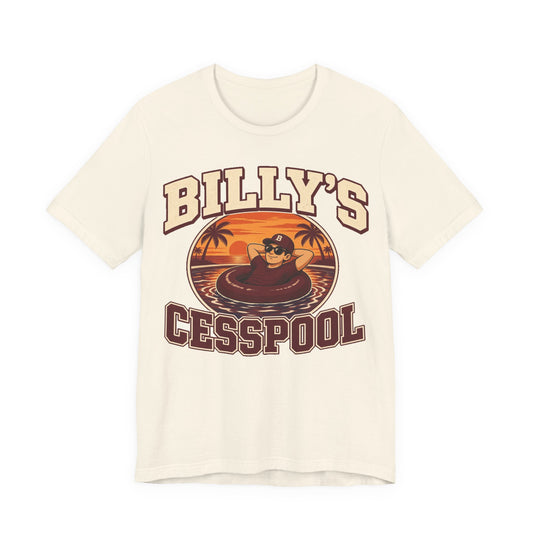 Natural crewneck graphic tee with 'BILLY'S CESSPOOL' front print