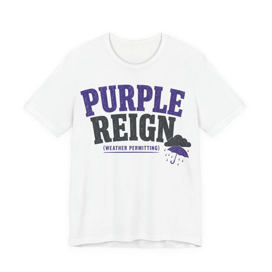 White crewneck tee with Purple Reign 'weather permitting' graphic and cloud