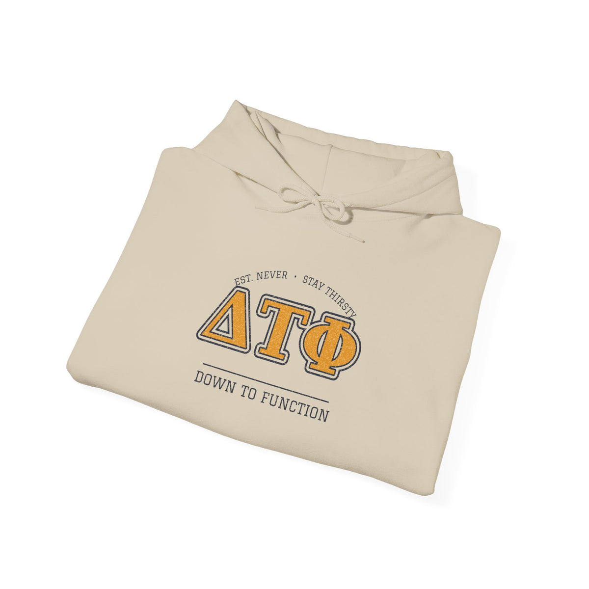 Sand hoodie with crest logo graphic on front and drawstring hood