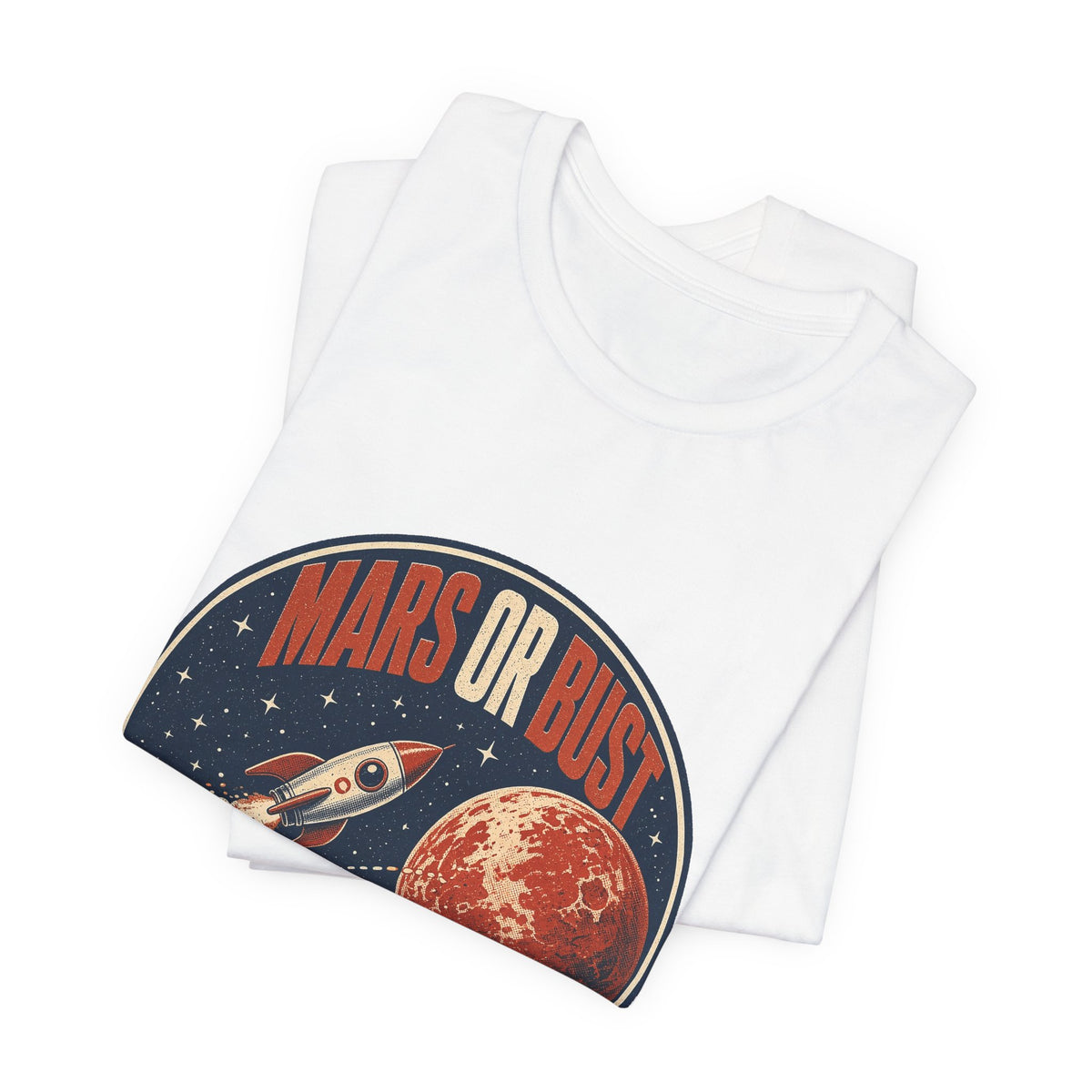 White crewneck T-shirt with Mars or Bust graphic logo print, folded stack