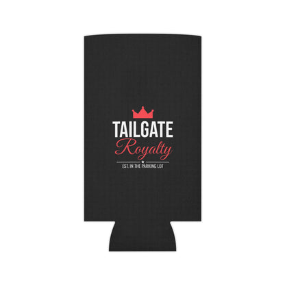 Black can cooler koozie with centered Tailgate Royalty logo and red crown