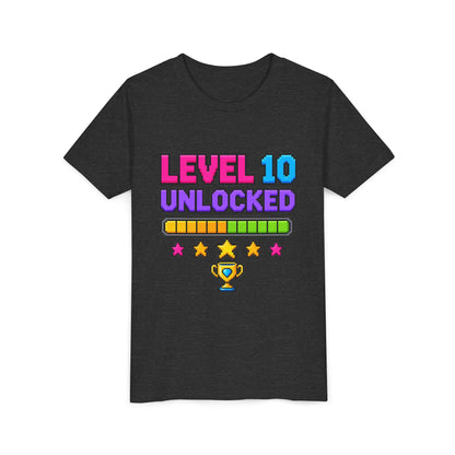 Kids black graphic tee with colorful “Level 10 Unlocked” trophy print