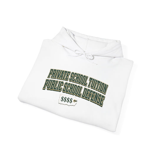 White hoodie laid flat with colorful front slogan print and drawstring hood
