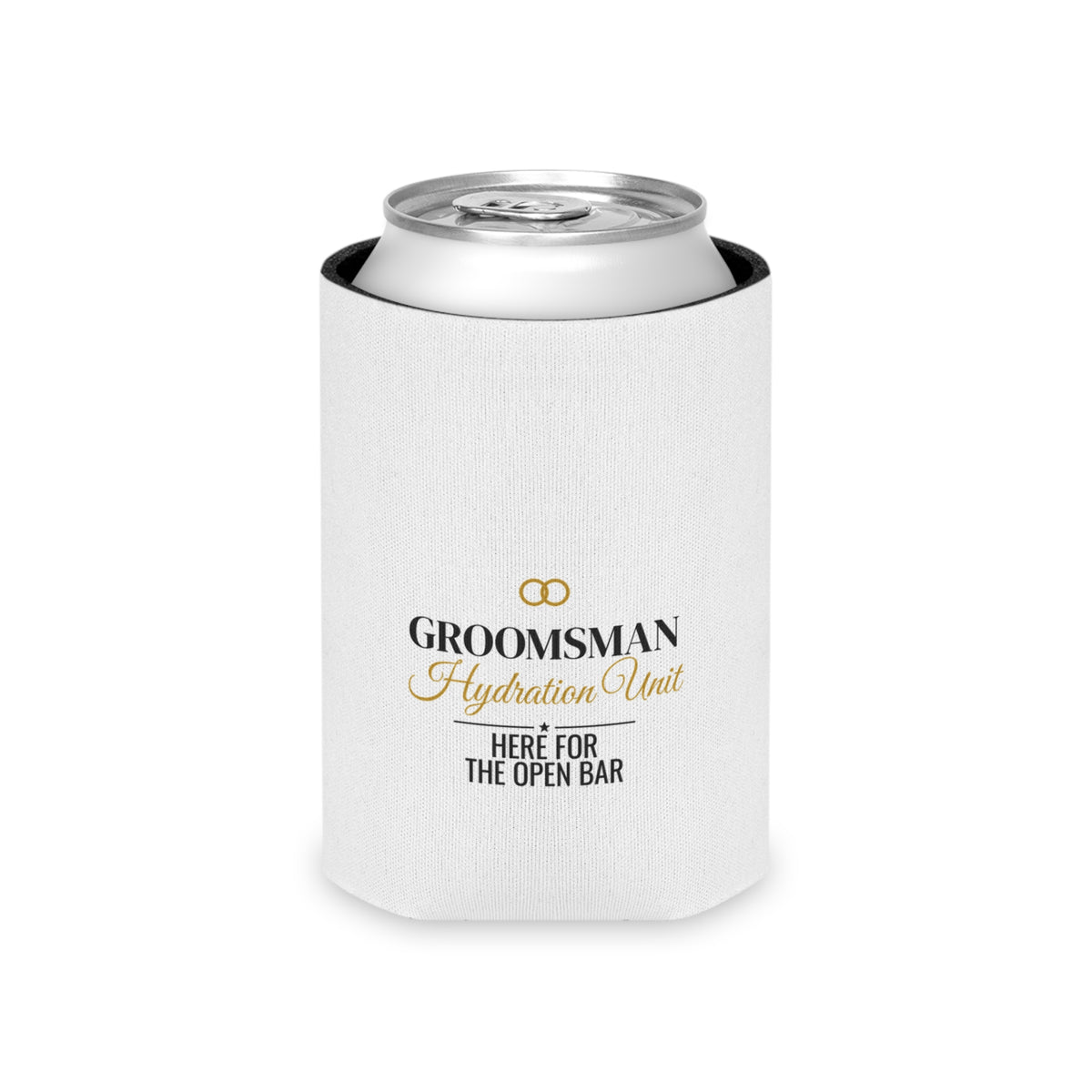 White koozie sleeve with black top rim and “Here for the Open Bar” text