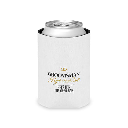 White koozie sleeve with black top rim and “Here for the Open Bar” text