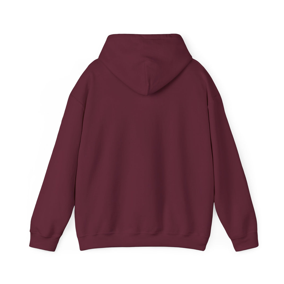 Maroon pullover hoodie with hood and front pocket, long sleeves.