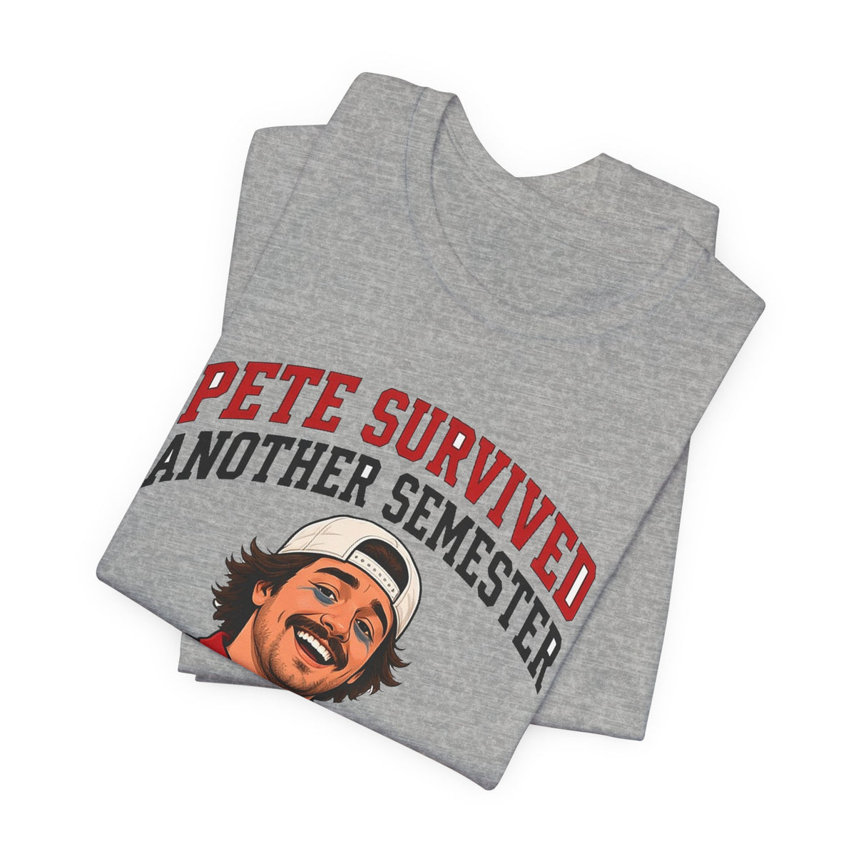 Heather gray graphic T-shirt stack, crew neck, short sleeves, large red character print.