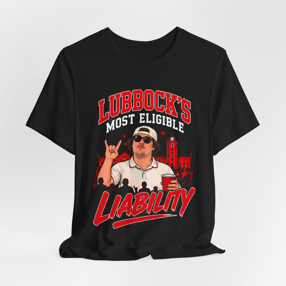 Black crew-neck T-shirt with bold red and white front graphic with cartoon image