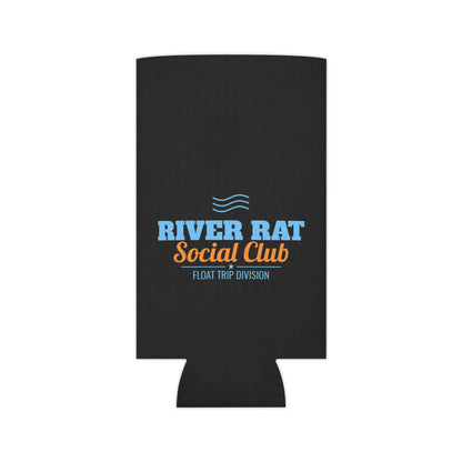 Black koozie front view with River Rat Social Club blue logo and float trip division.