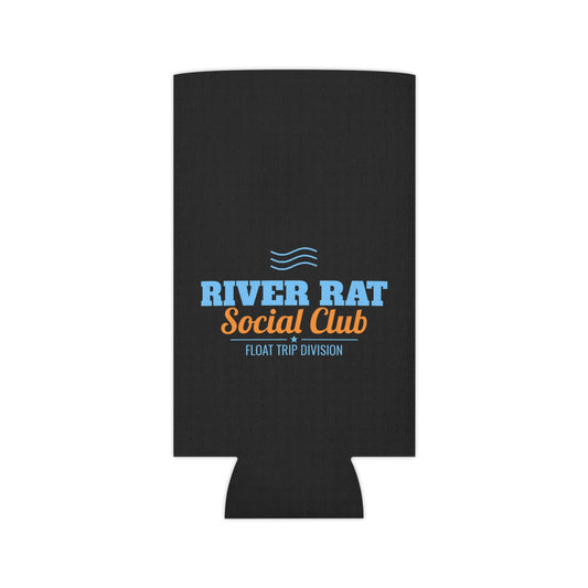 Black koozie front view with River Rat Social Club blue logo and float trip division.