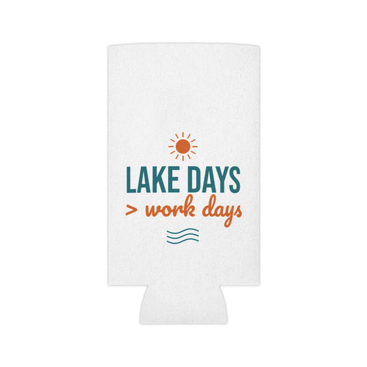 White can koozie with Lake Days > work days text and sun-and-wave design