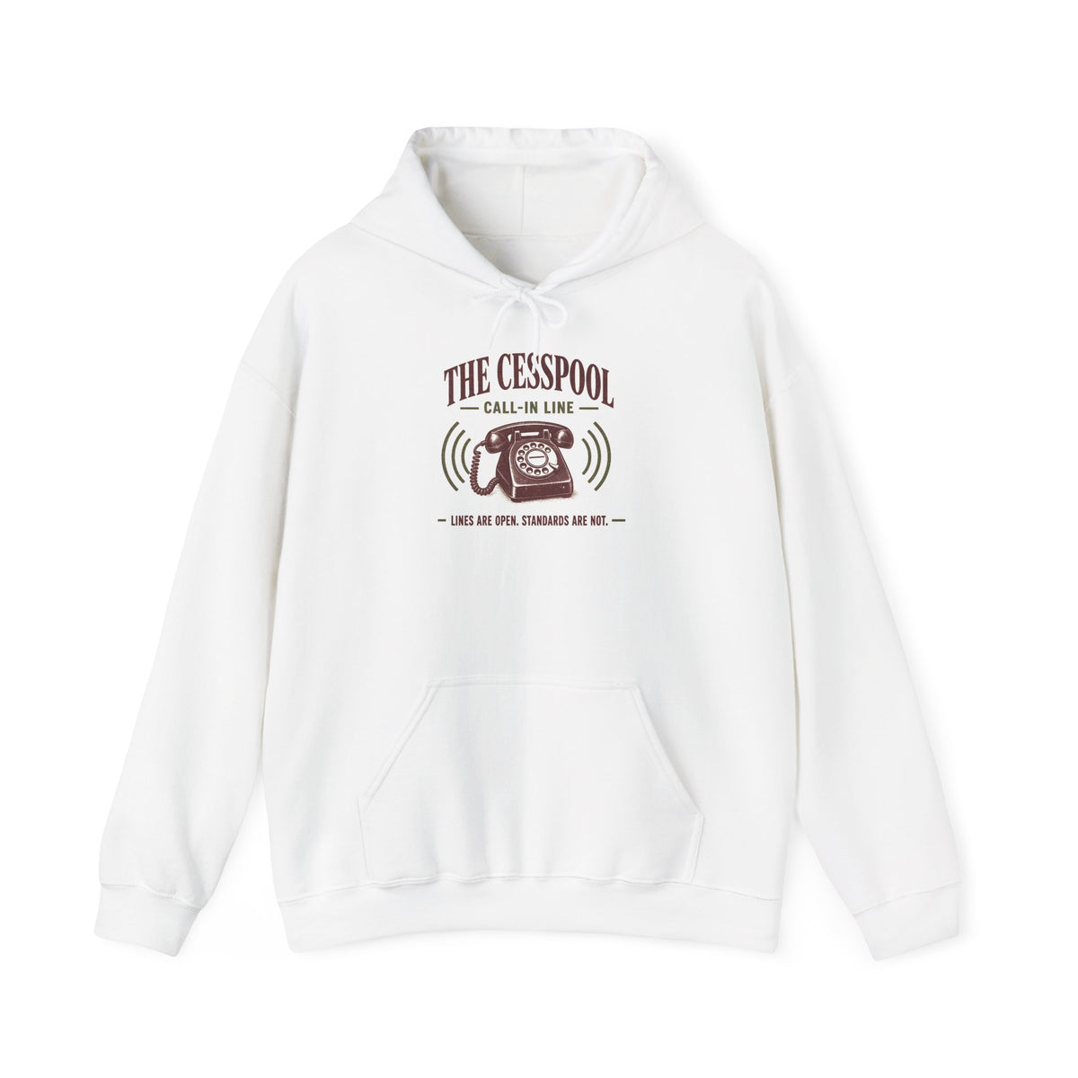 White pullover hoodie with front call-in line graphic, hood and pouch pocket